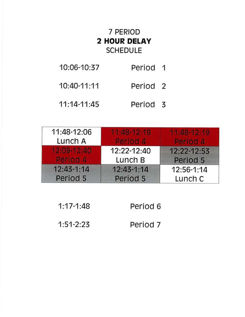 Bell Schedule for 2 Hour Delay